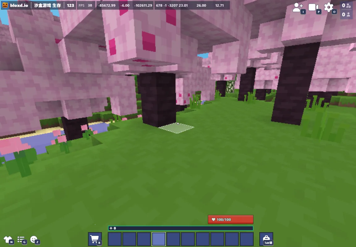 99 Nights browser spawn: pink forest, health bar, hotbar, FPS and coordinates