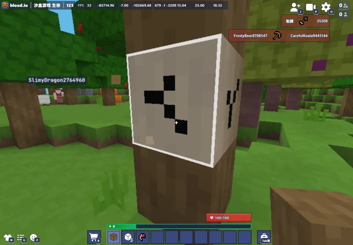 99 Nights browser session with wood logs, planks, axe and pickaxe in the hotbar
